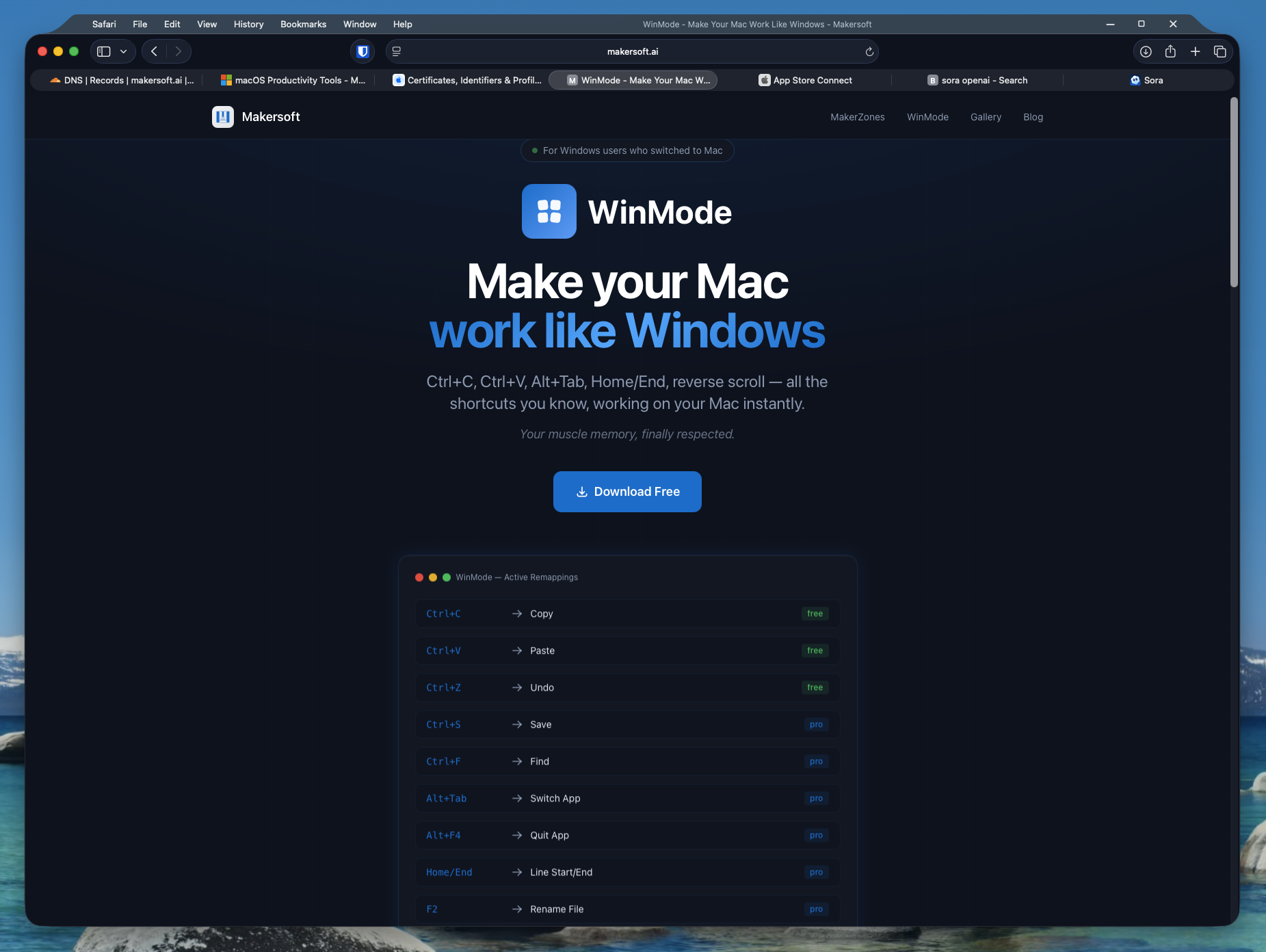 Safari with WinMode per-window menu bar