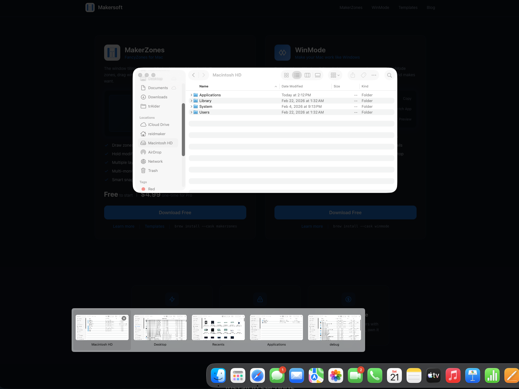 WinMode Desktop Peek showing a single window highlighted while all others are dimmed