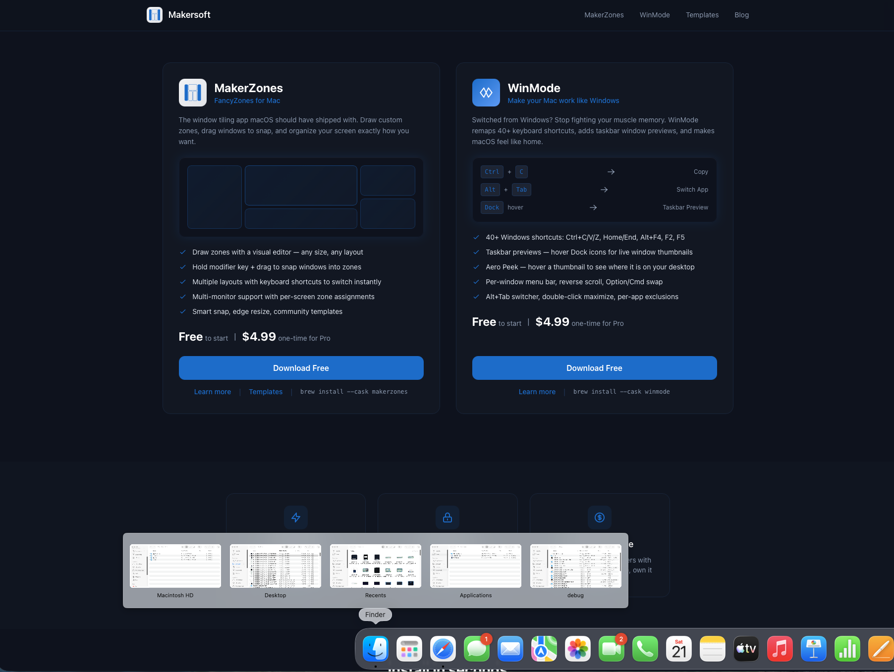 WinMode taskbar preview showing live window thumbnails when hovering over a Dock icon